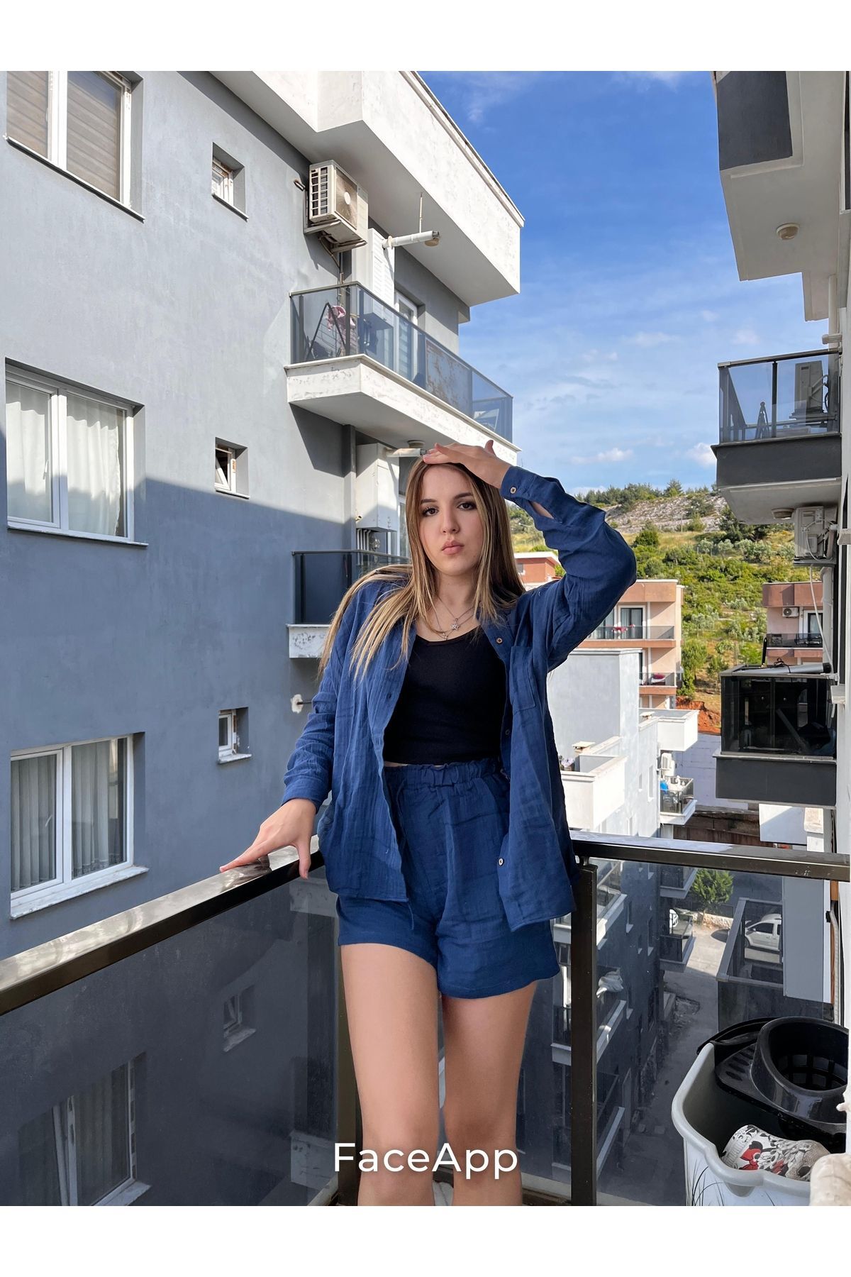 Keten lacivert Şortlu takım
