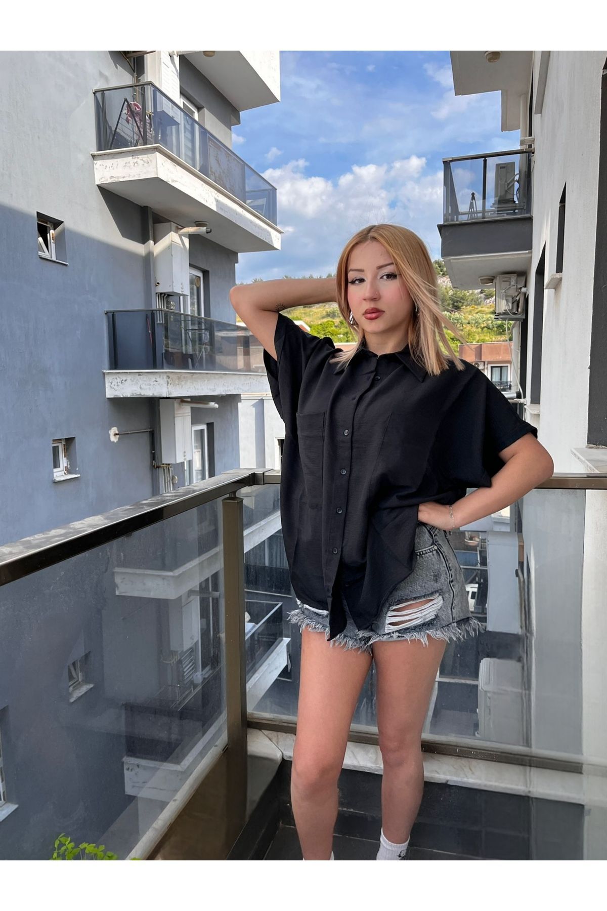Siyah kısa kollu gömlek Siyah - L/Xl