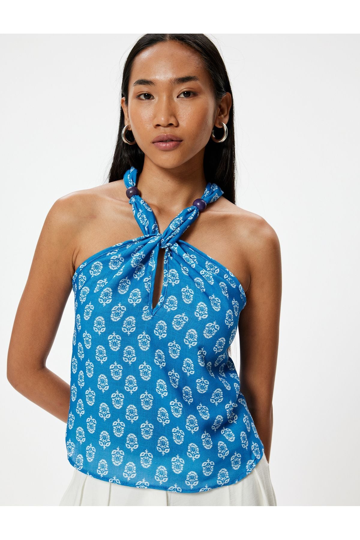 Halter Yaka Üst Etnik Desenli Mavi Desenli - XS