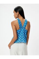 Halter Yaka Üst Etnik Desenli Mavi Desenli - L