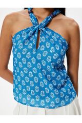 Halter Yaka Üst Etnik Desenli Mavi Desenli - S