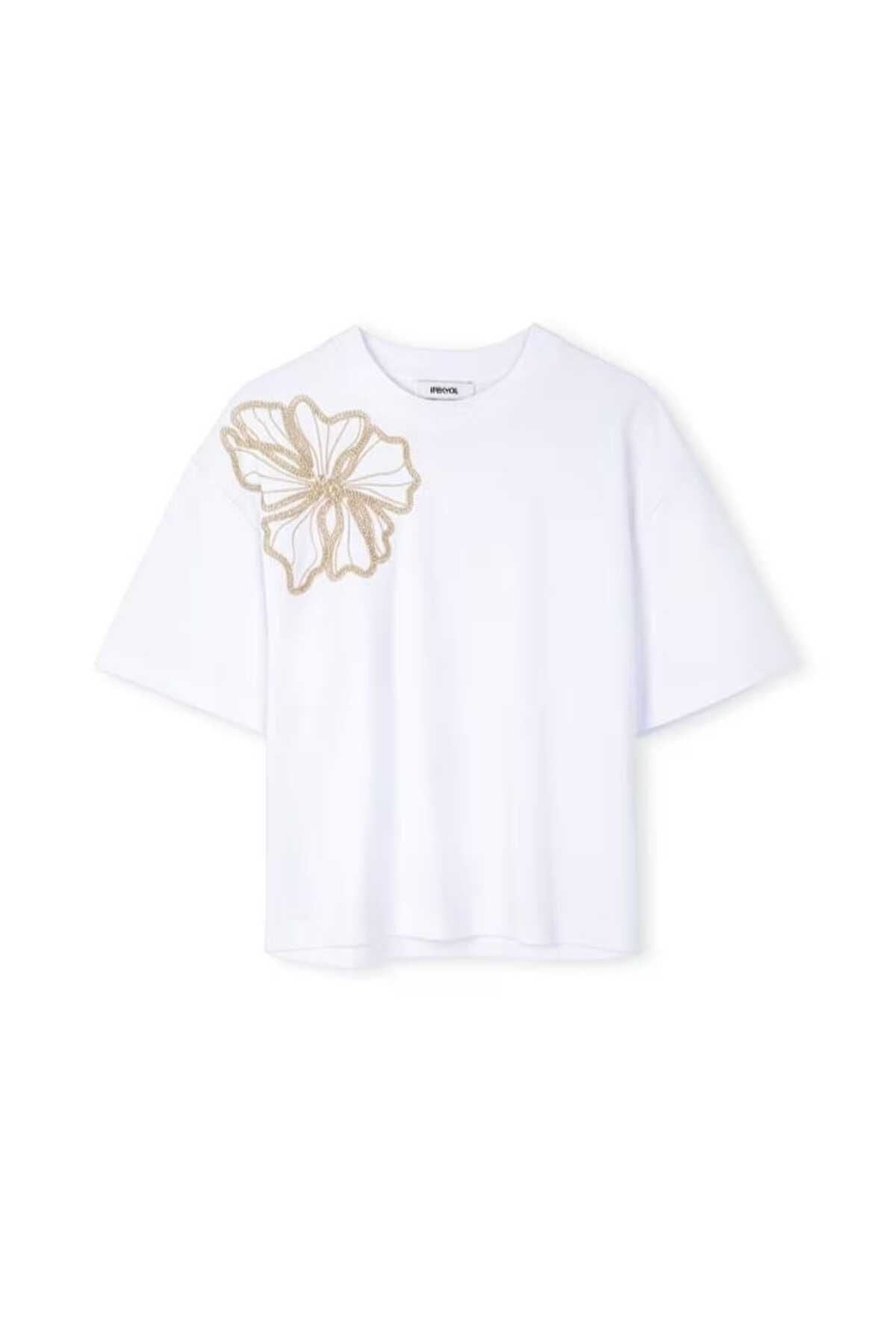Nakışlı t-shirt Krem - M